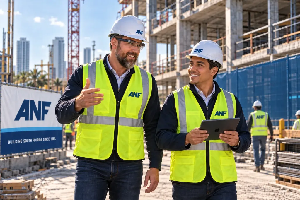 Two ANF team members in safety vests reviewing a tablet on a construction site