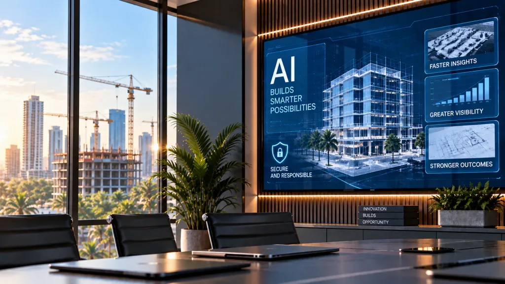 Conference room screen presenting how AI builds smarter possibilities: faster insights, greater visibility, stronger outcomes