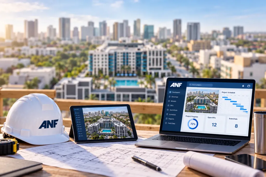 ANF hard hat, laptop and tablet showing project dashboards on a desk overlooking South Florida