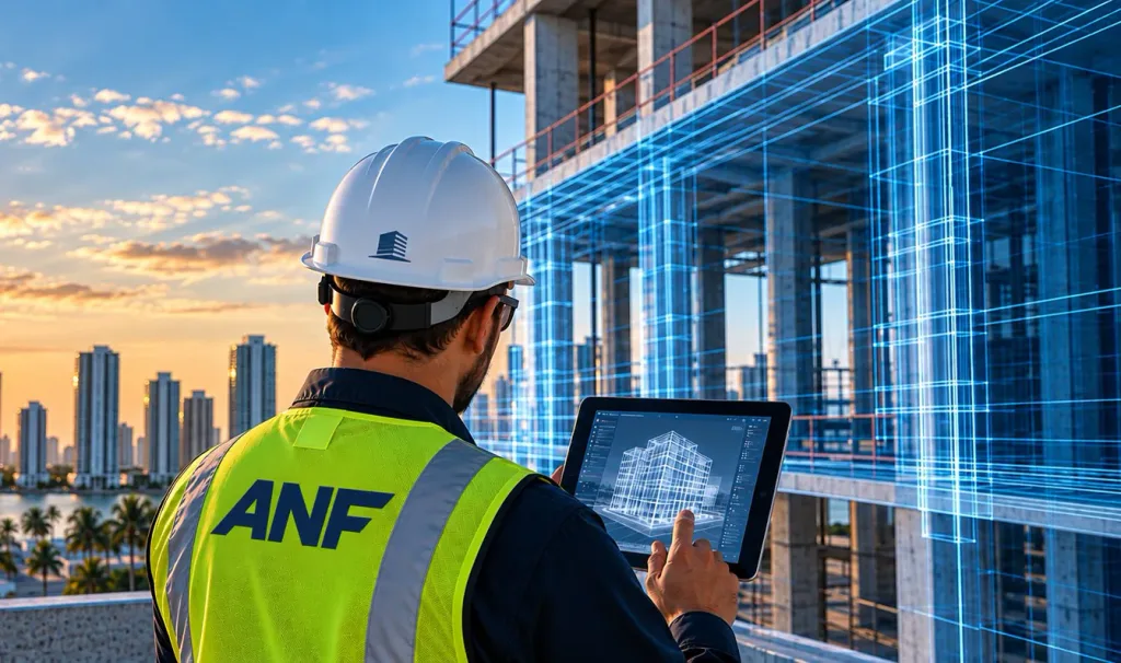 ANF team member in a safety vest reviewing a digital building model on a tablet at a high-rise job site